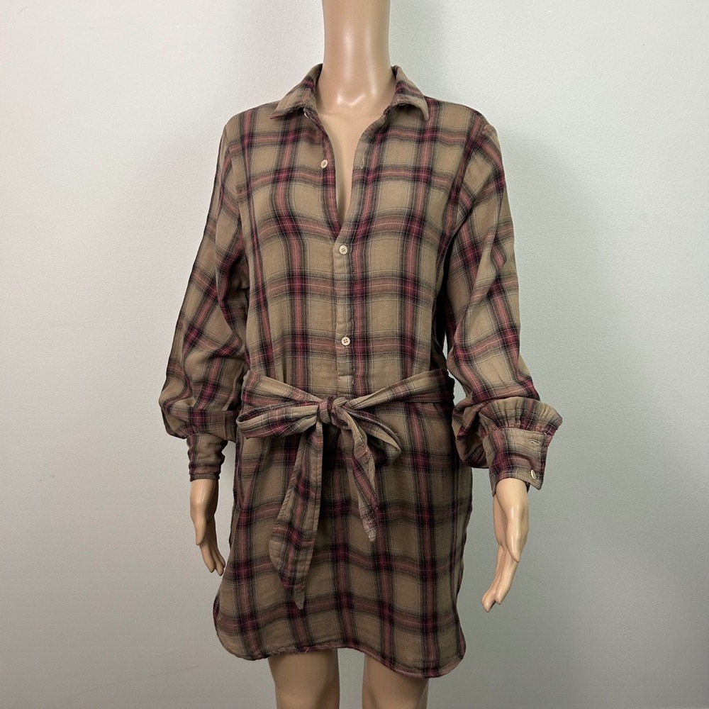 Free People CP Shades Shirt Dress Tunic Top Belted Brown‎ Plaid Size Small